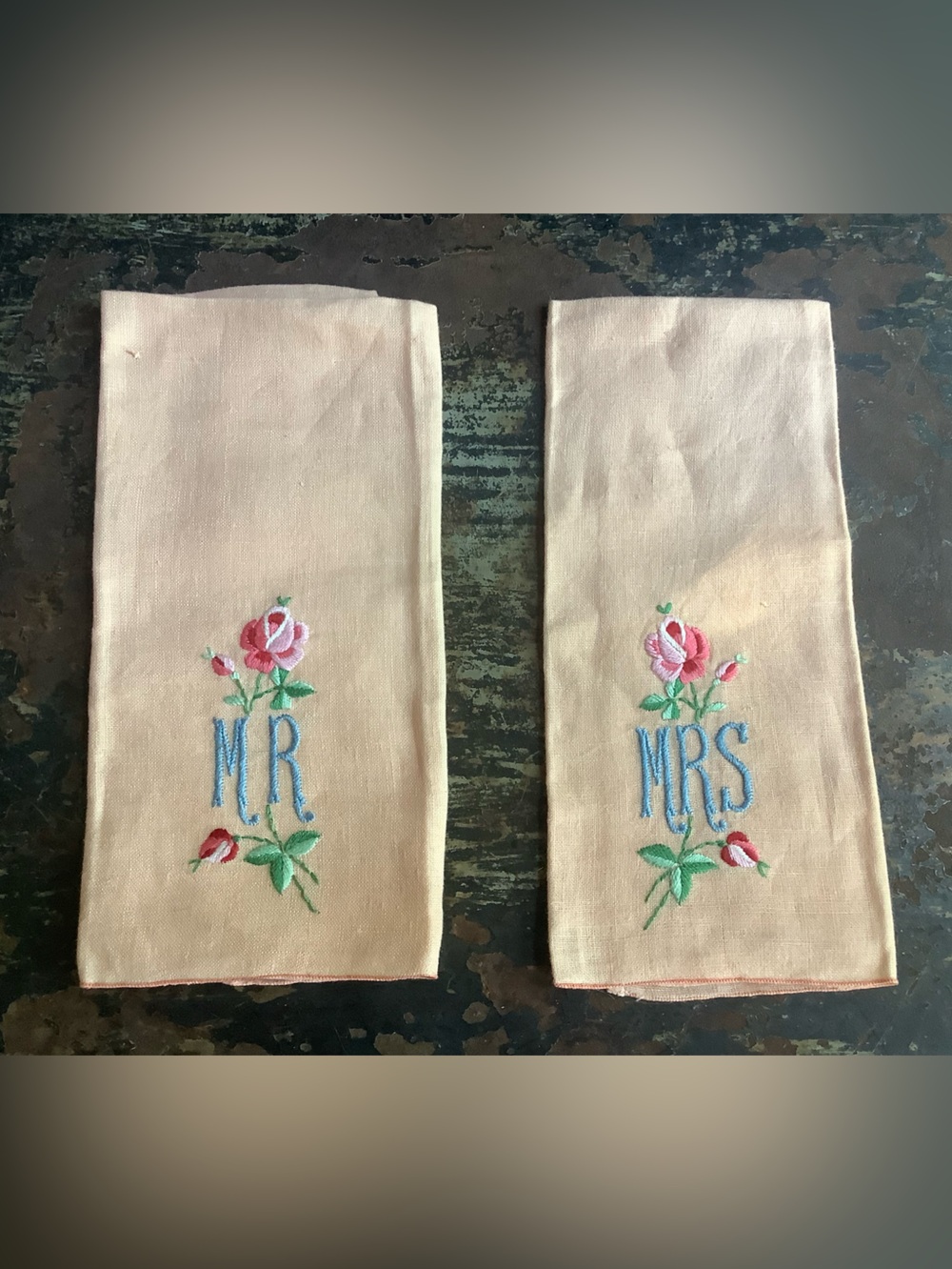 Vintage Pair of Mr & Mrs Linen Embroidered Hand Towels